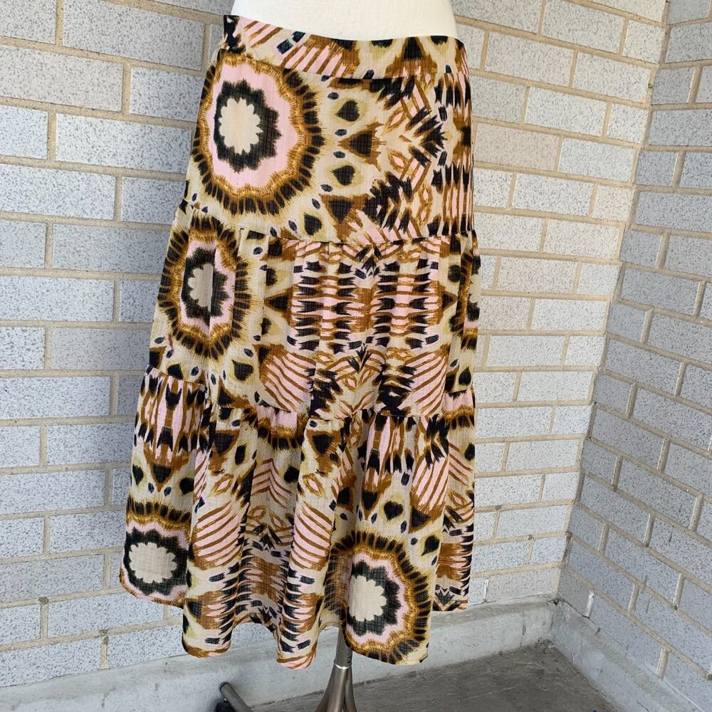 RACHEL ZOE ABSTRACT TIERED MAXI PRAIRIE SKIRT SIZE L HALF LINED PINK BROWN - Picture 2 of 9